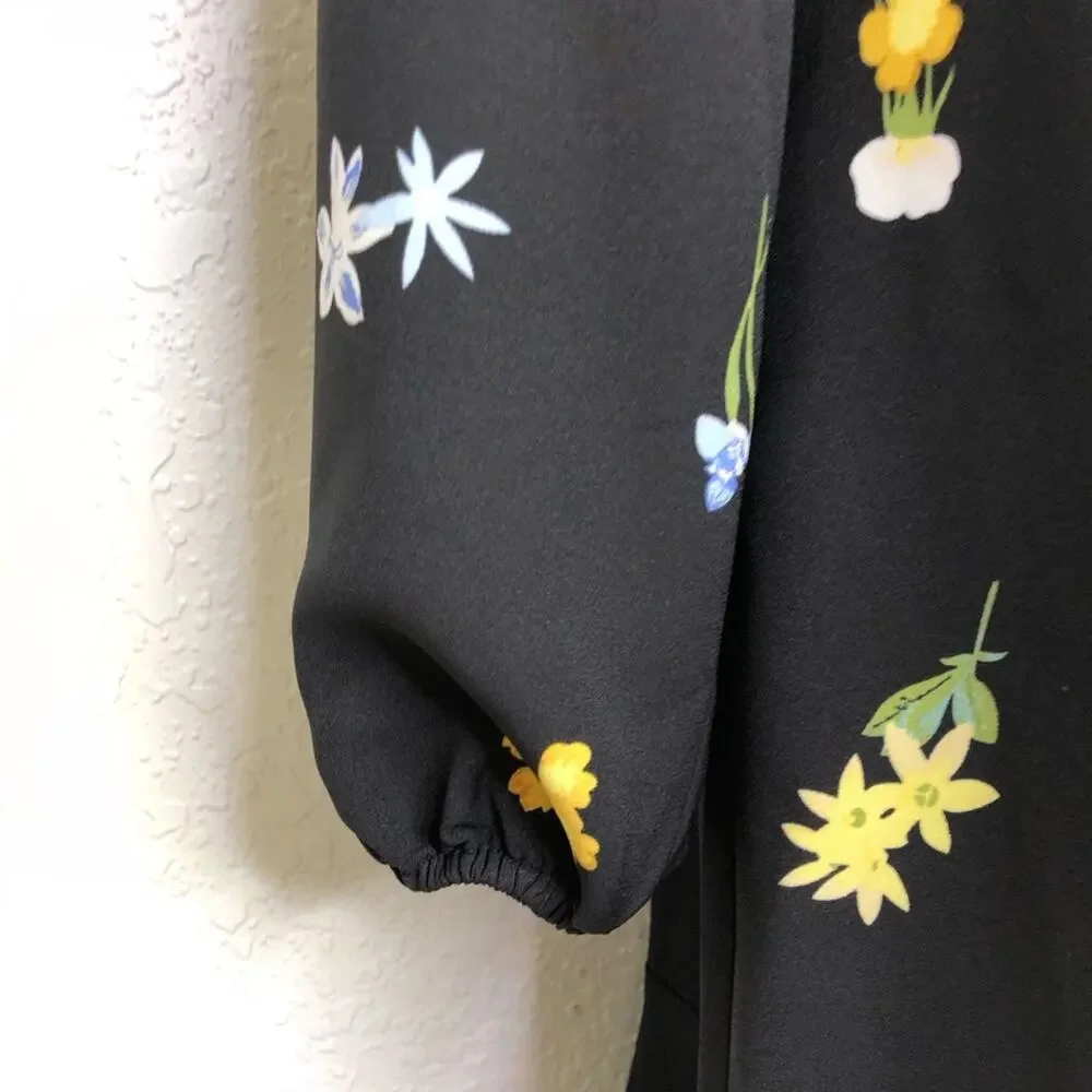 Ann Taylor Factory black yellow white floral long sleeve dress size Medium